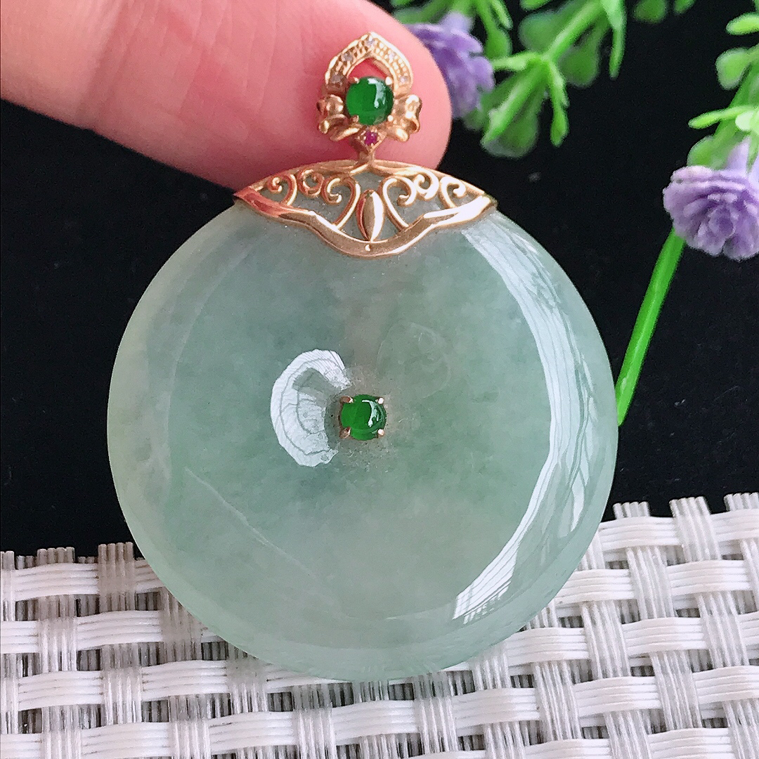 实拍A货翡翠35/6.5老坑18k金镶嵌冰晴绿平安扣吊坠翡翠玉扣挂件