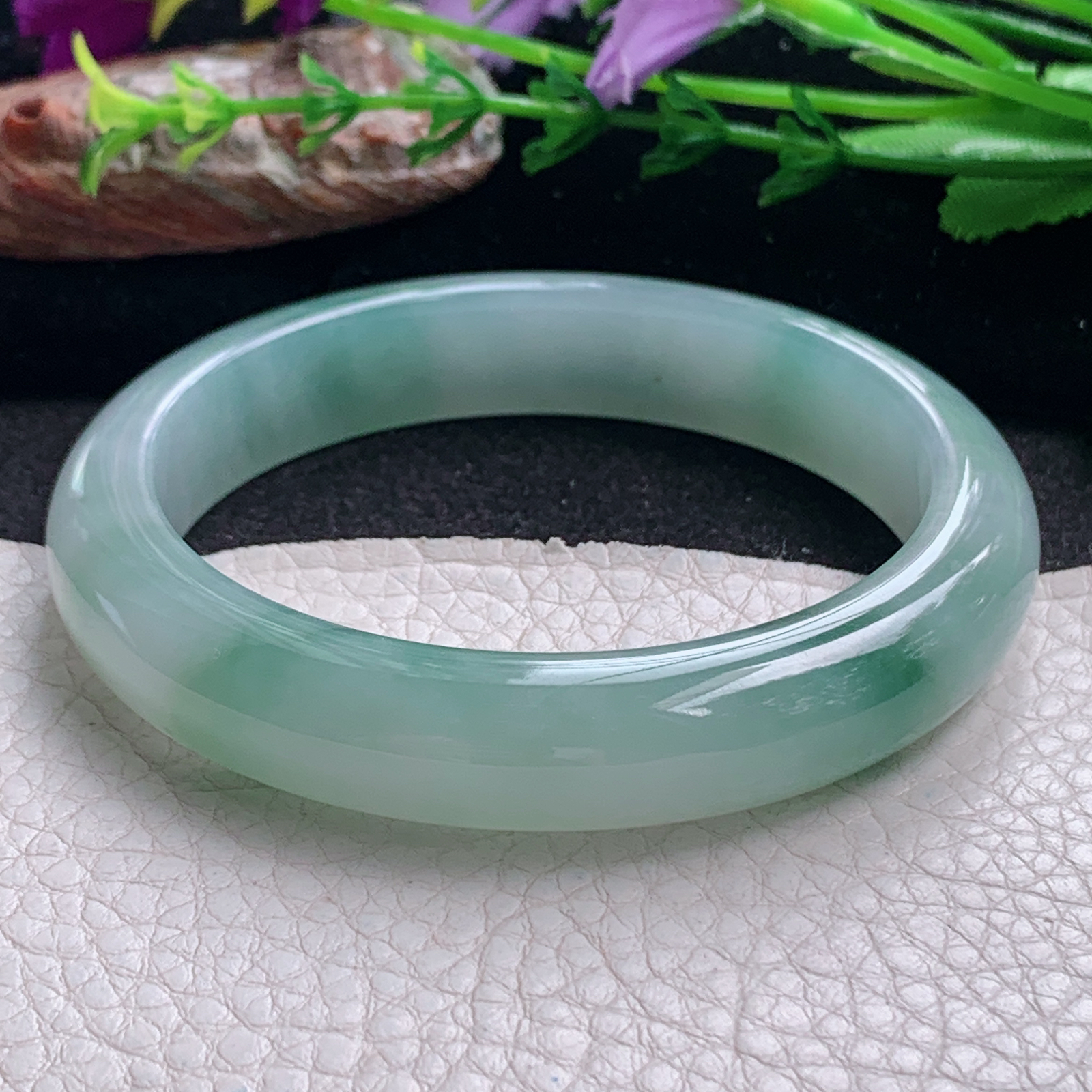 fx飘逸款58.5*12.3*8.2平安镯 天然缅甸翡翠a货手镯冰胶飘花正圈玉镯子