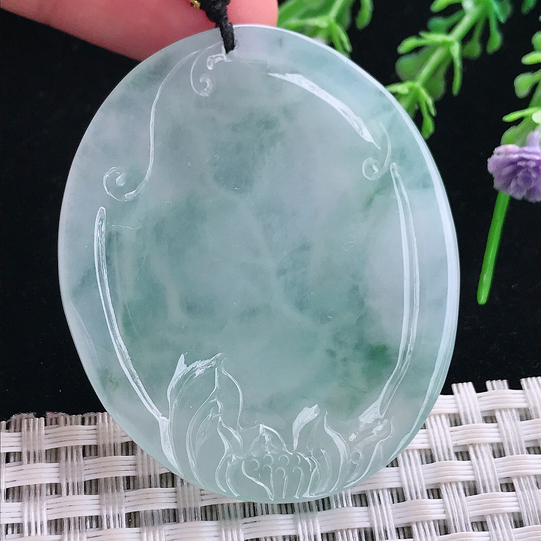 实拍A货翡翠52/44.2/5.8老坑冰胶果冻飘花阿弥陀佛吊坠翡翠玉挂件