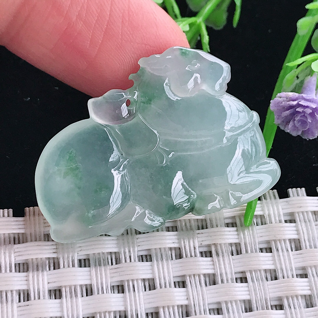 实拍A货翡翠32.8/23/5.5老坑冰种果冻胶冰飘花唐马吊坠翡翠玉挂件