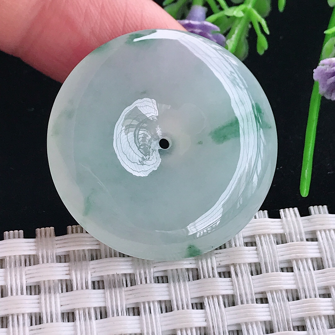 实拍A货翡翠30.3/6.1老坑冰胶果冻冰飘花平安扣吊坠翡翠玉挂件