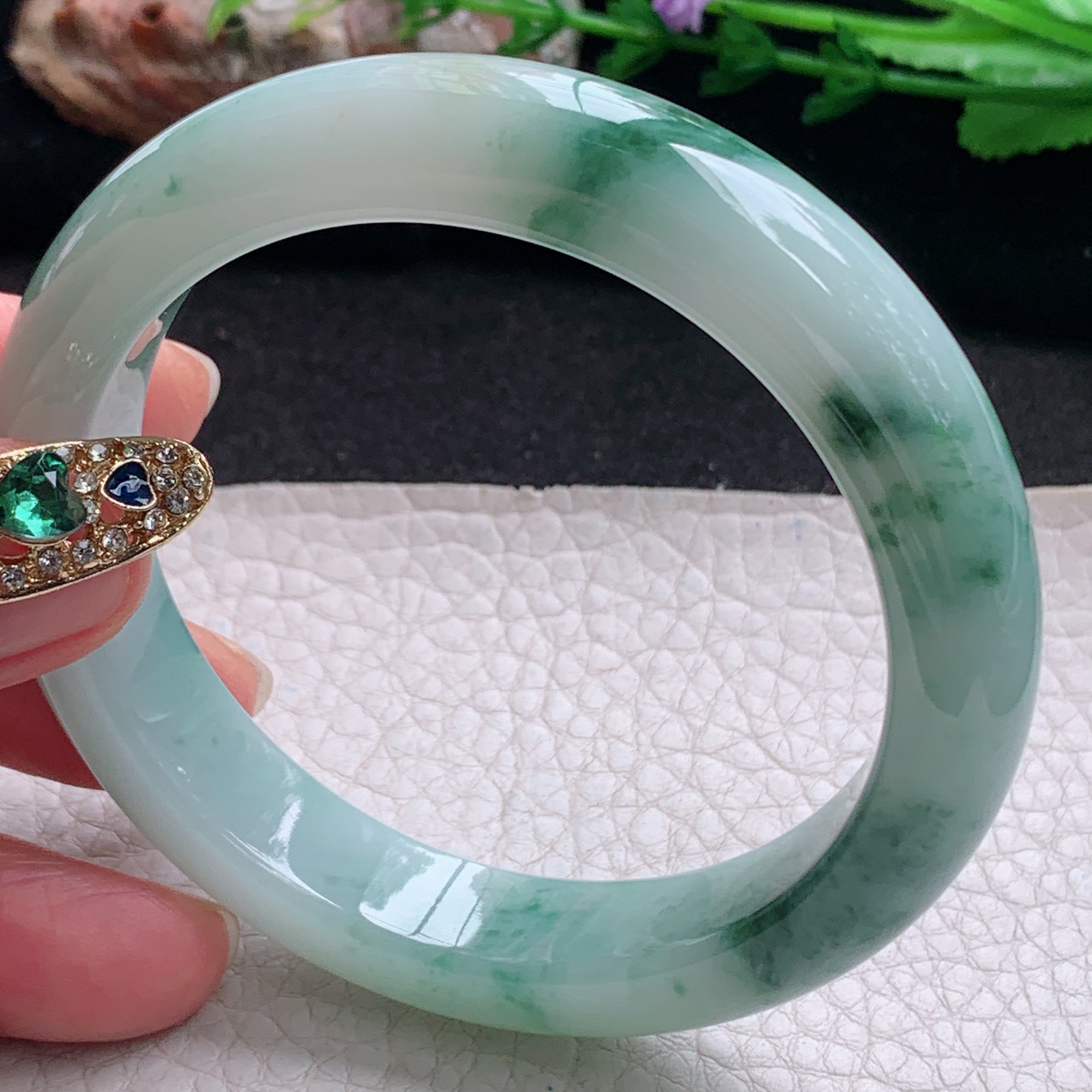 ym实拍57*12.6*8.8平安镯 天然缅甸翡翠a货手镯冰飘花正圈玉镯子