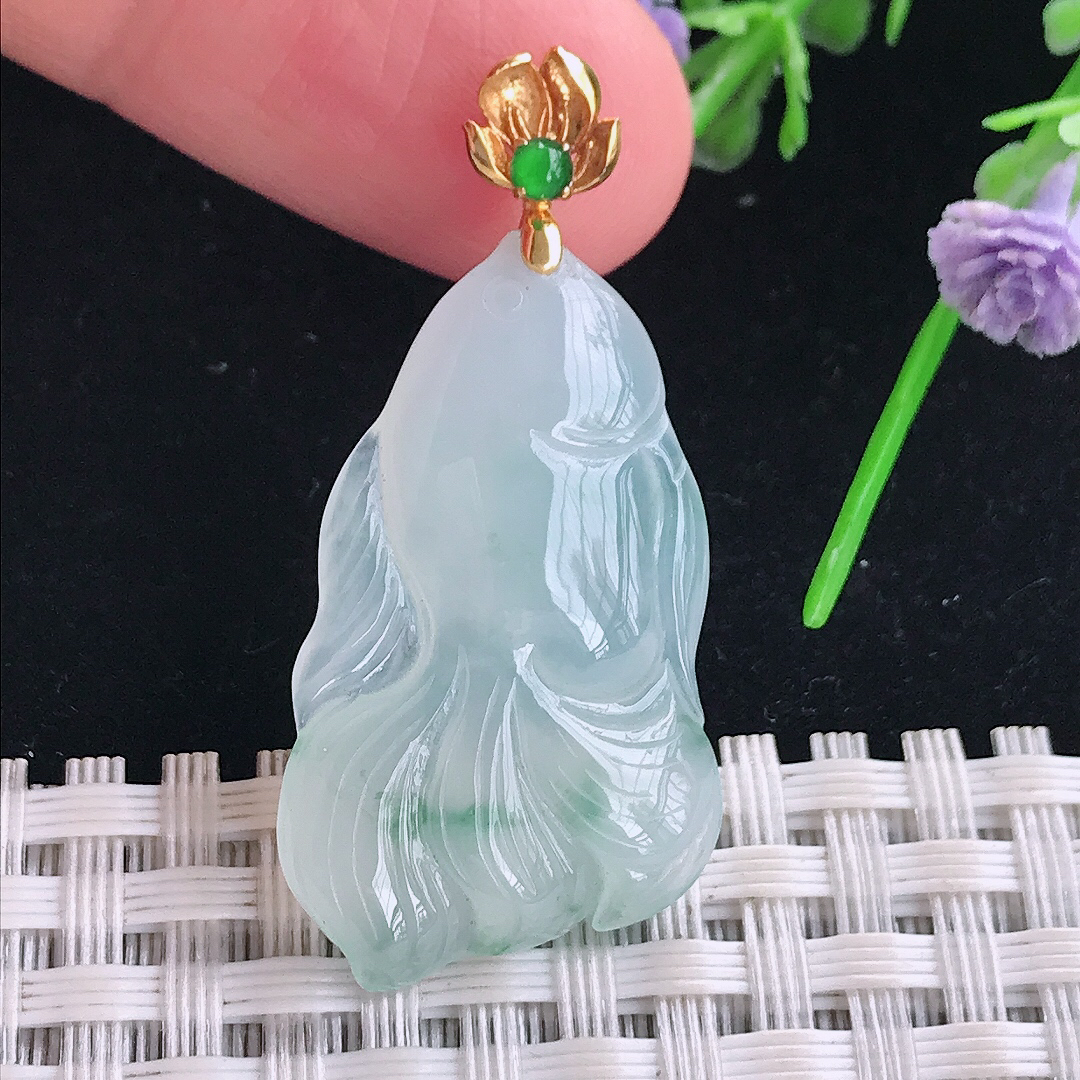 实拍A货翡翠31/19/5老坑18k金镶嵌冰胶飘花金鱼吊坠翡翠玉招财鱼挂件