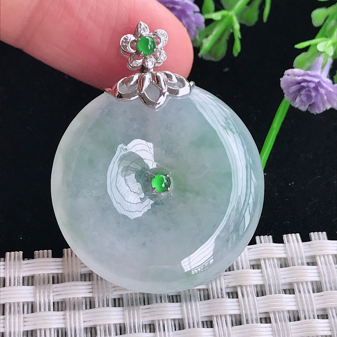 实拍A货翡翠30.8/6老坑18k金镶嵌冰飘花平安扣吊坠翡翠玉扣挂件