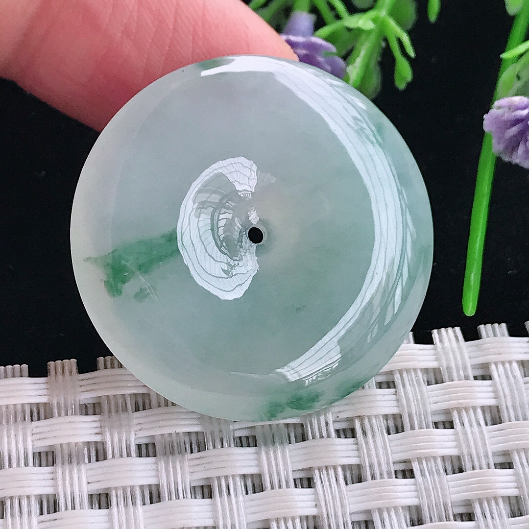 实拍A货翡翠30.3/6.1老坑冰胶果冻冰飘花平安扣吊坠翡翠玉挂件