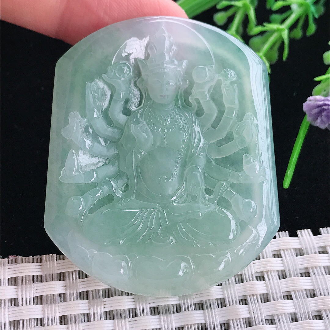 实拍A货翡翠51/43.5/5.3老坑冰晴满绿千手观音吊坠翡翠玉挂件