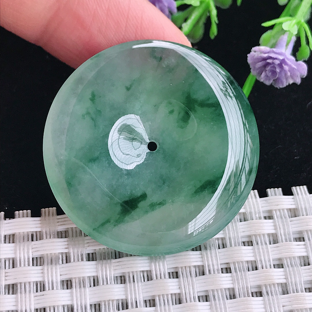 实拍A货翡翠34/5.6老坑冰种起胶冰飘花平安扣吊坠翡翠玉扣挂件