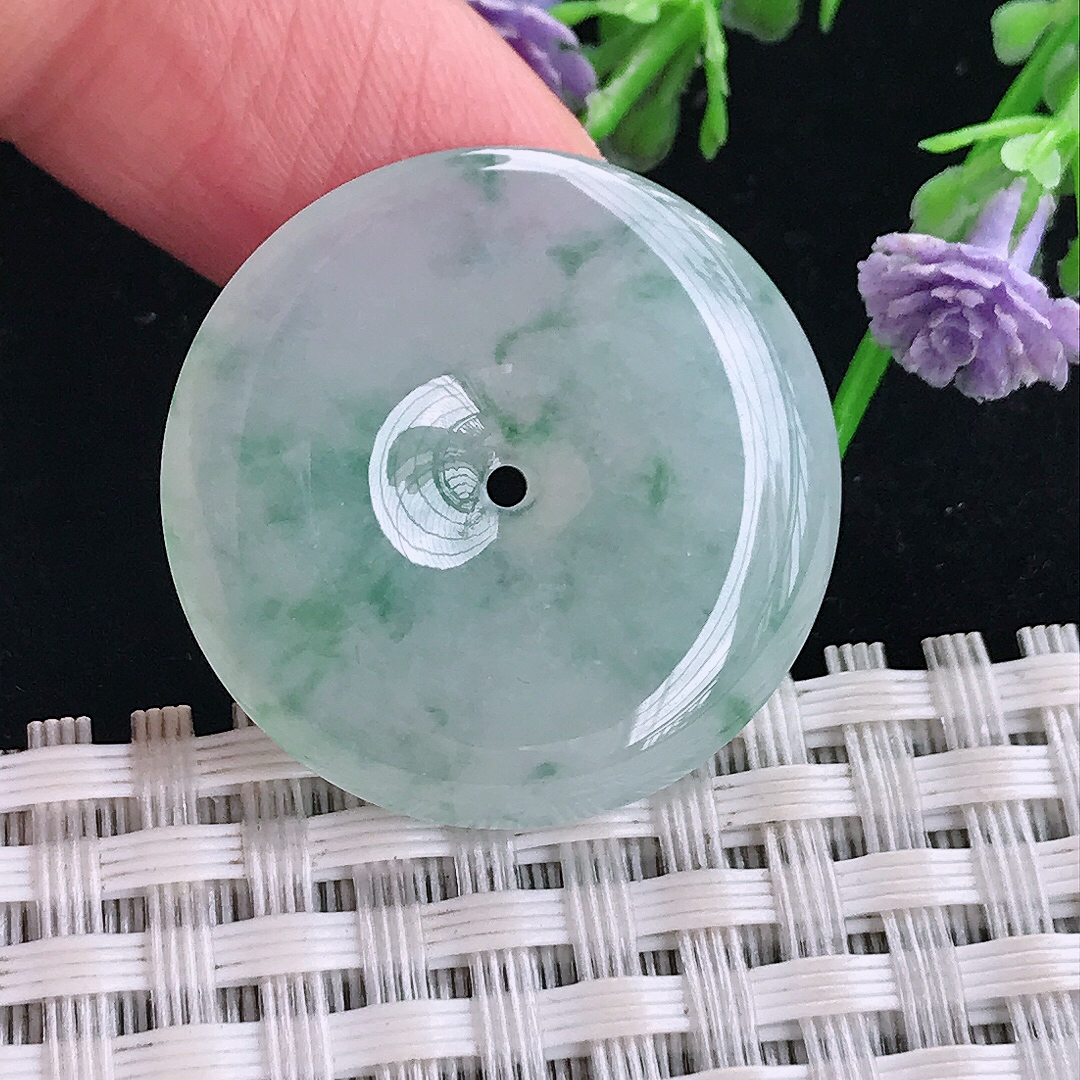 实拍A货翡翠27.2/5老坑冰胶水灵冰飘花平安扣吊坠翡翠玉扣挂件