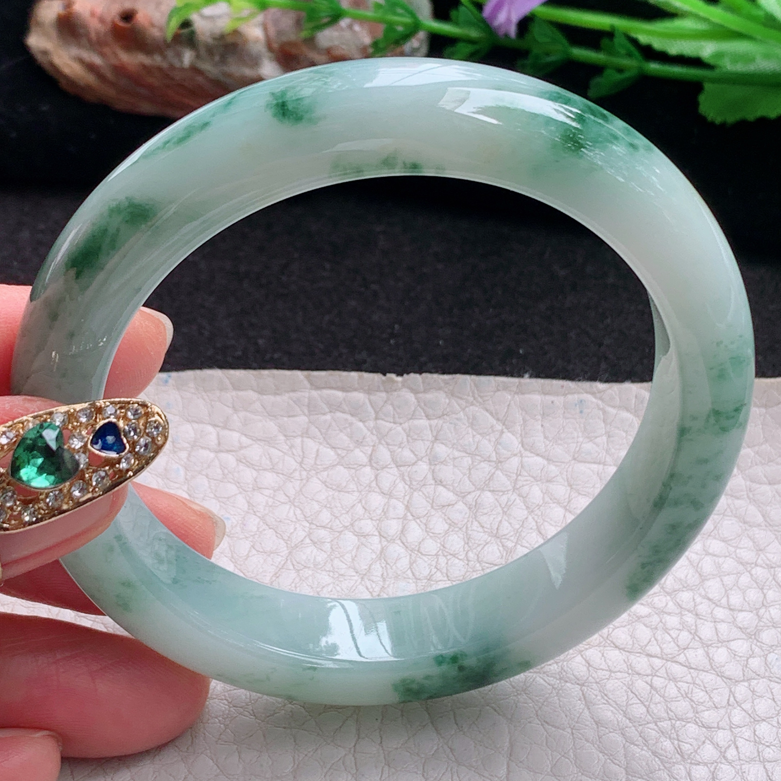 ym实拍57*12.6*8.8平安镯 天然缅甸翡翠a货手镯冰飘花正圈玉镯子