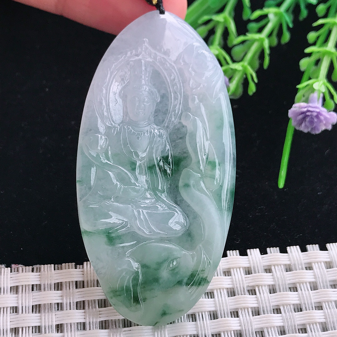 实拍A货翡翠60/30.8/5老坑冰胶冰飘花普贤菩萨吊坠翡翠玉挂件