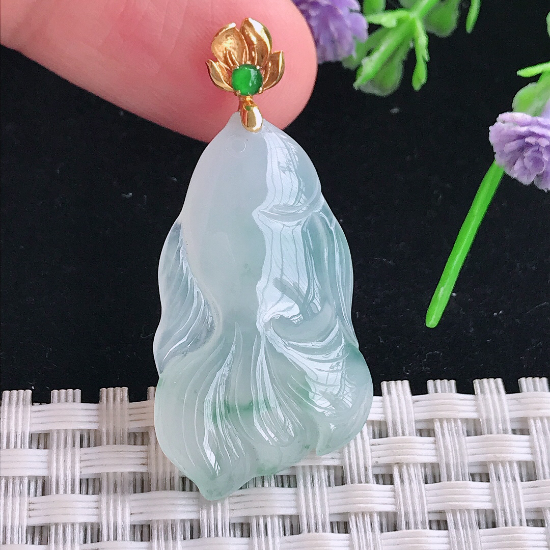 实拍A货翡翠31/19/5老坑18k金镶嵌冰胶飘花金鱼吊坠翡翠玉招财鱼挂件