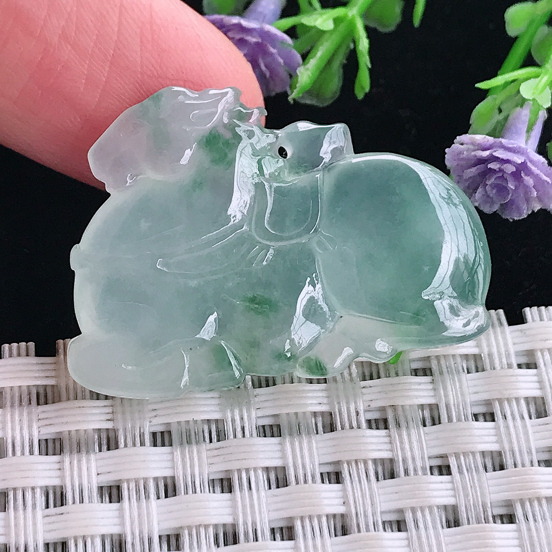 实拍A货翡翠32.8/23/5.5老坑冰种果冻胶冰飘花唐马吊坠翡翠玉挂件