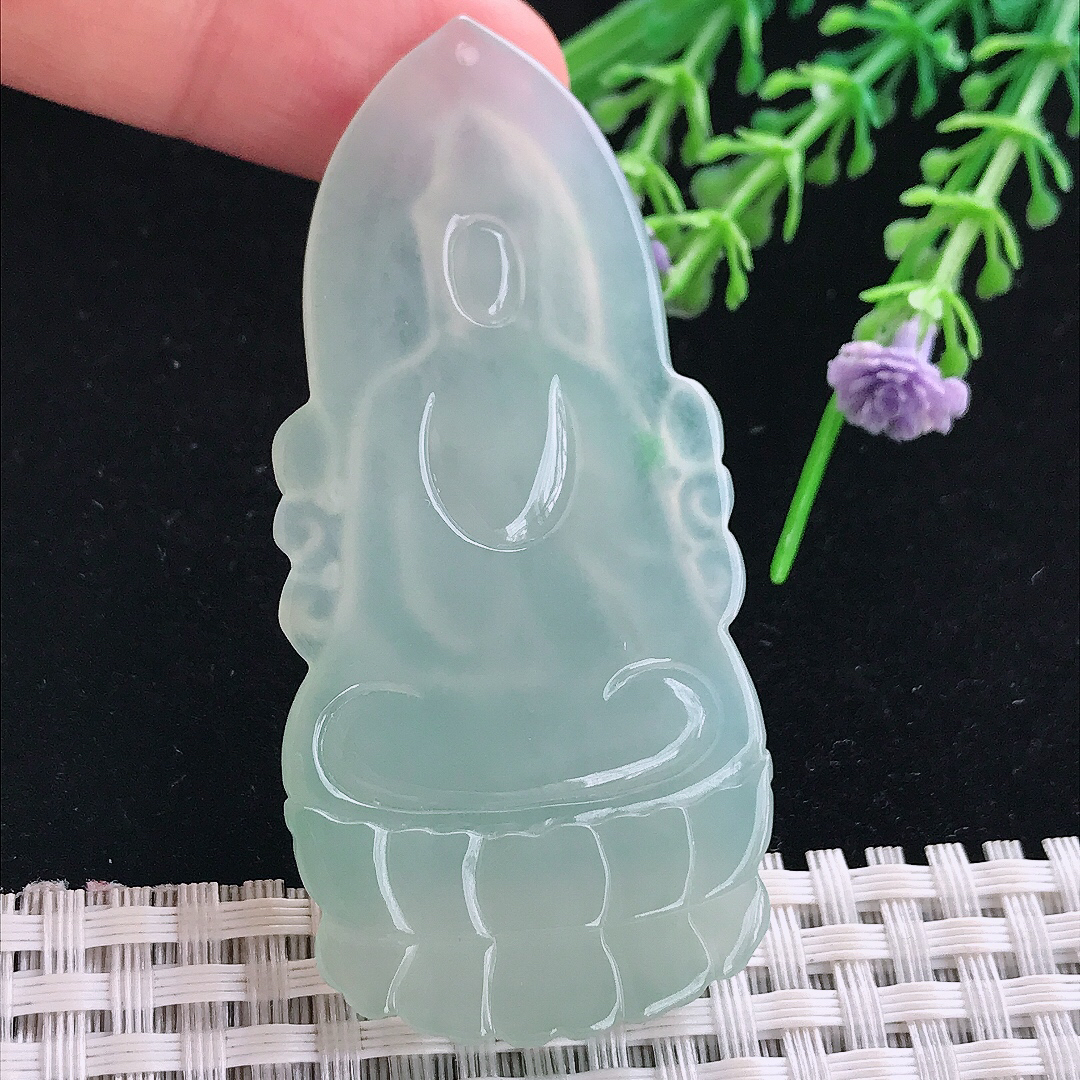 实拍A货翡翠65/30.8/5.3老坑冰胶冰晴绿素衣观音吊坠翡翠玉挂件