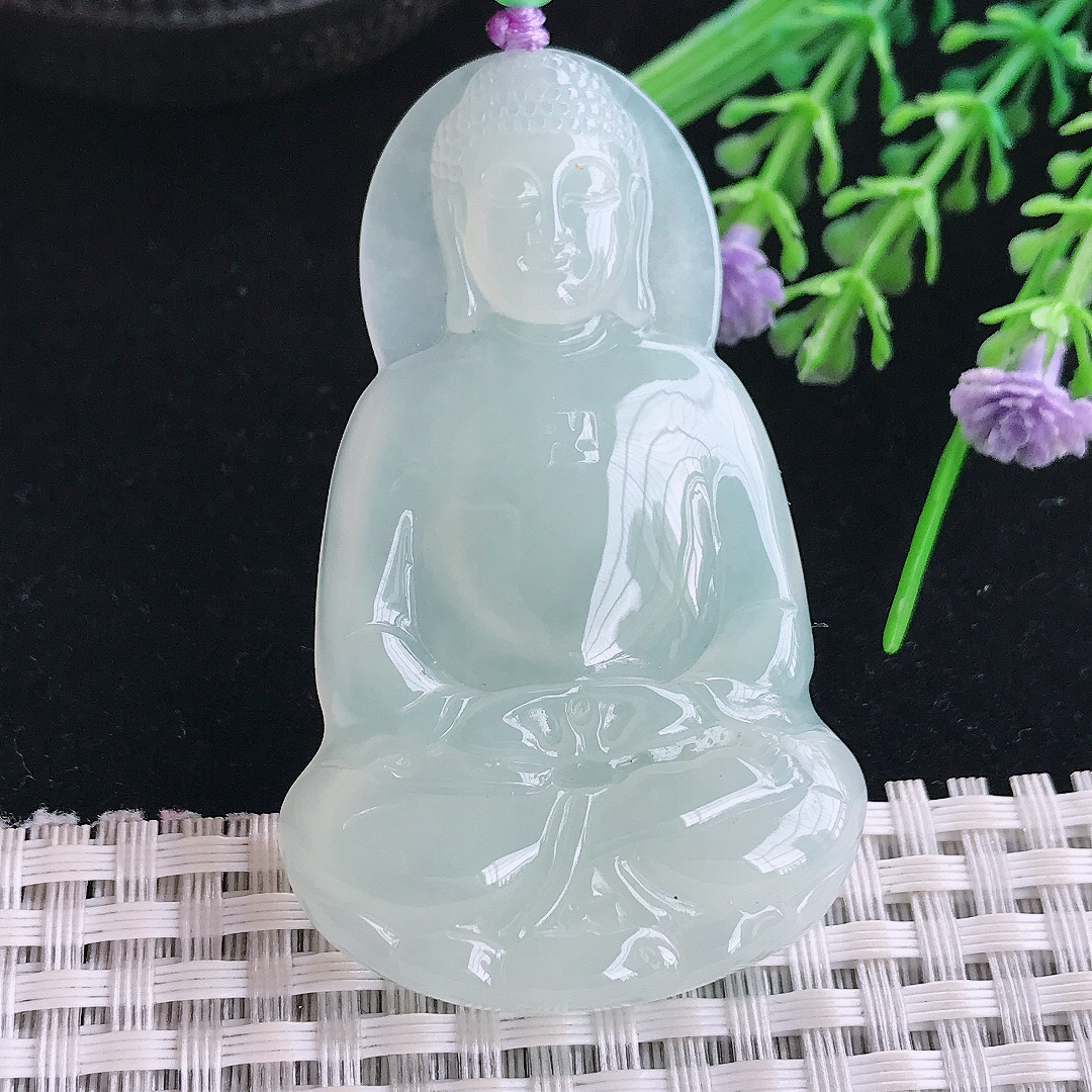 实拍A货翡翠58.5/36/5.8老坑冰纯起胶冰晴大日如来佛祖吊坠翡翠玉挂件