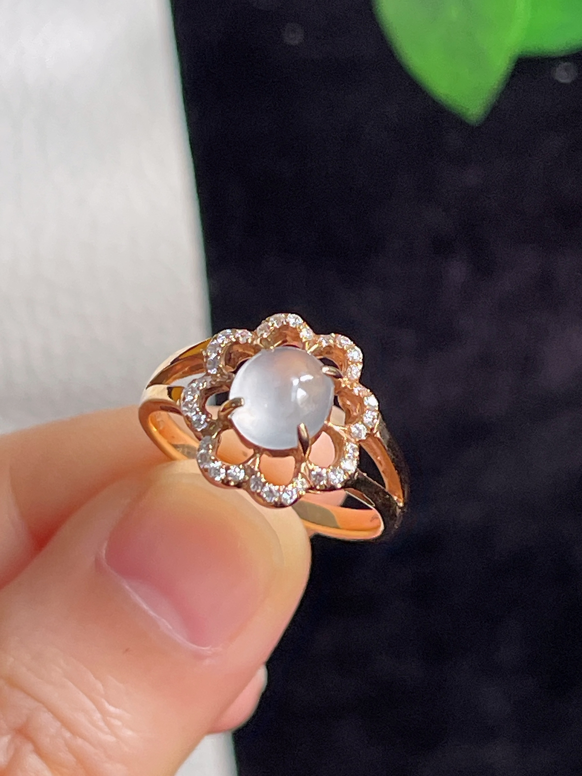 18k金白冰翡翠戒指