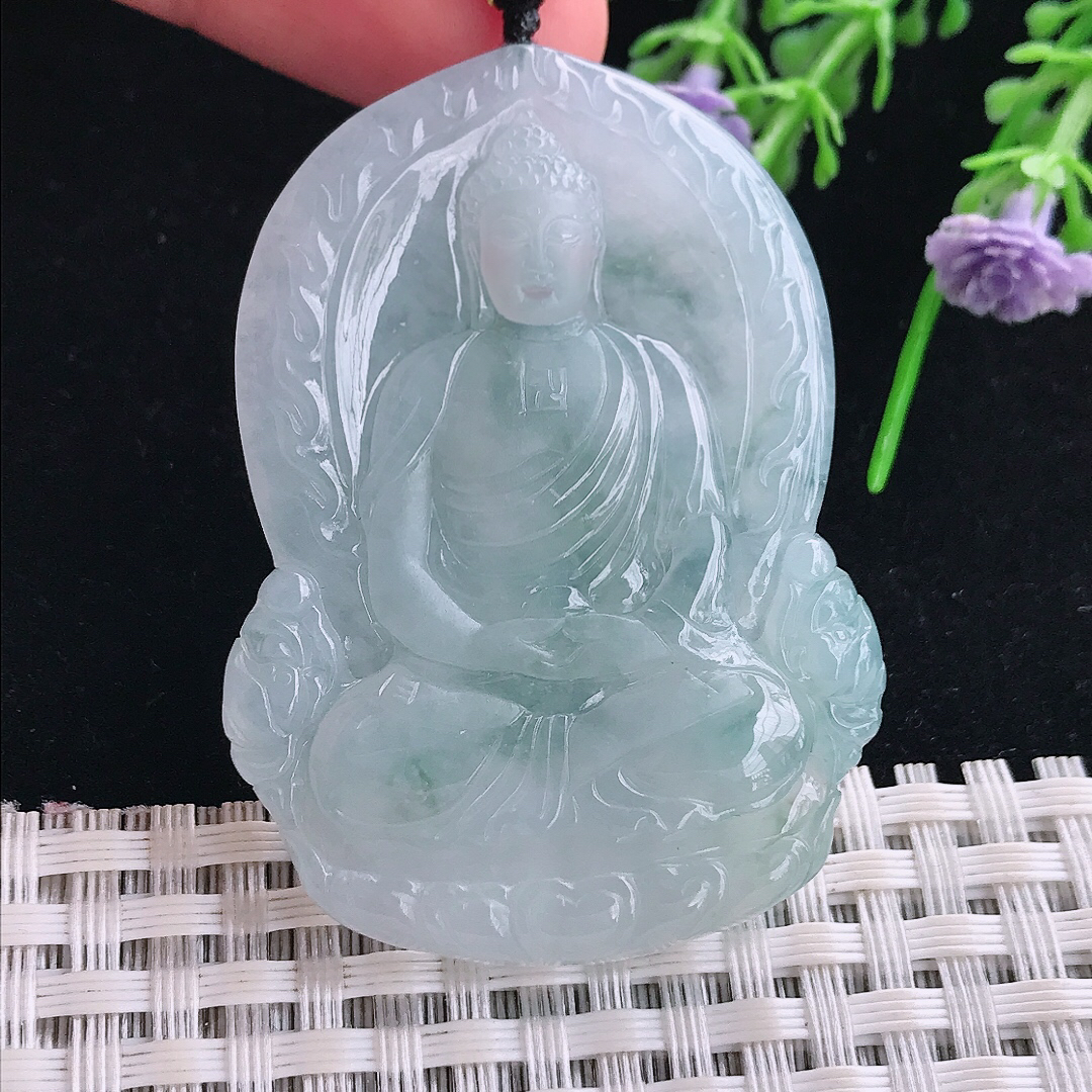 实拍A货翡翠51.5/38.5/5.6老坑冰透起胶飘花大日如来佛祖吊坠翡翠玉挂件