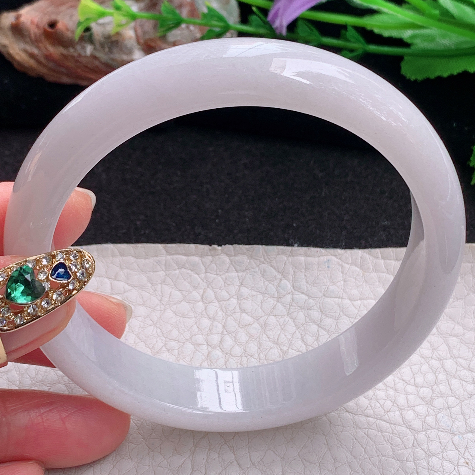 pj大圈口63*14*8平安镯 天然缅甸翡翠a货手镯淡紫水润正圈玉镯子