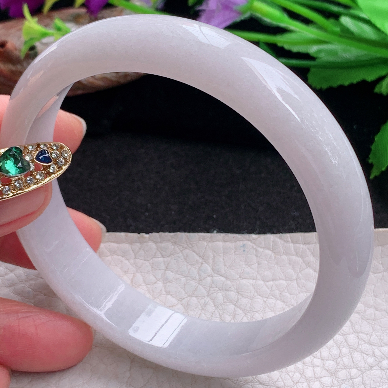 pj大圈口63*14*8平安镯 天然缅甸翡翠a货手镯淡紫水润正圈玉镯子