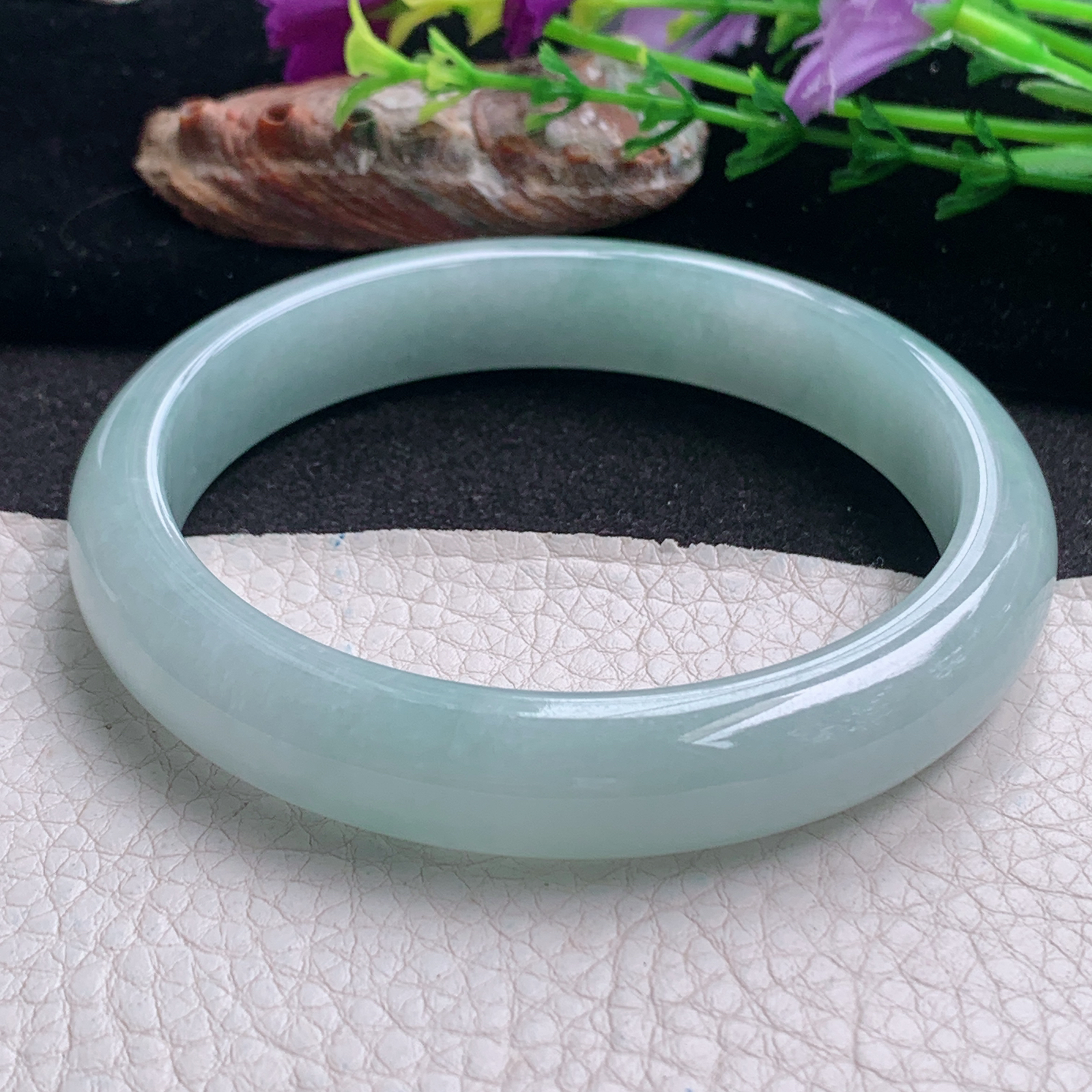 pj大圈口66*12.8*8.2平安镯 天然缅甸翡翠a货手镯浅绿大气正圈玉镯子