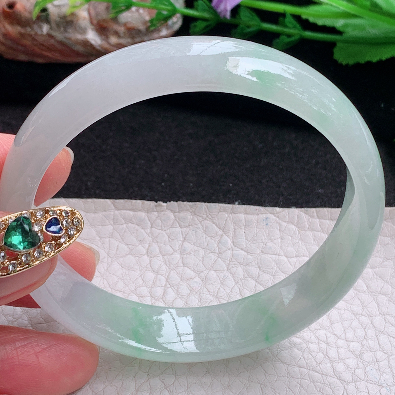 pj实拍58*14*6.5平安镯 天然缅甸翡翠a货手镯冰飘绿正圈玉镯子