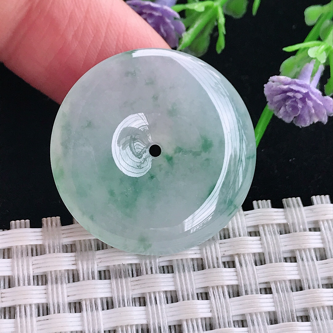 实拍A货翡翠27.2/5老坑冰胶水灵冰飘花平安扣吊坠翡翠玉扣挂件