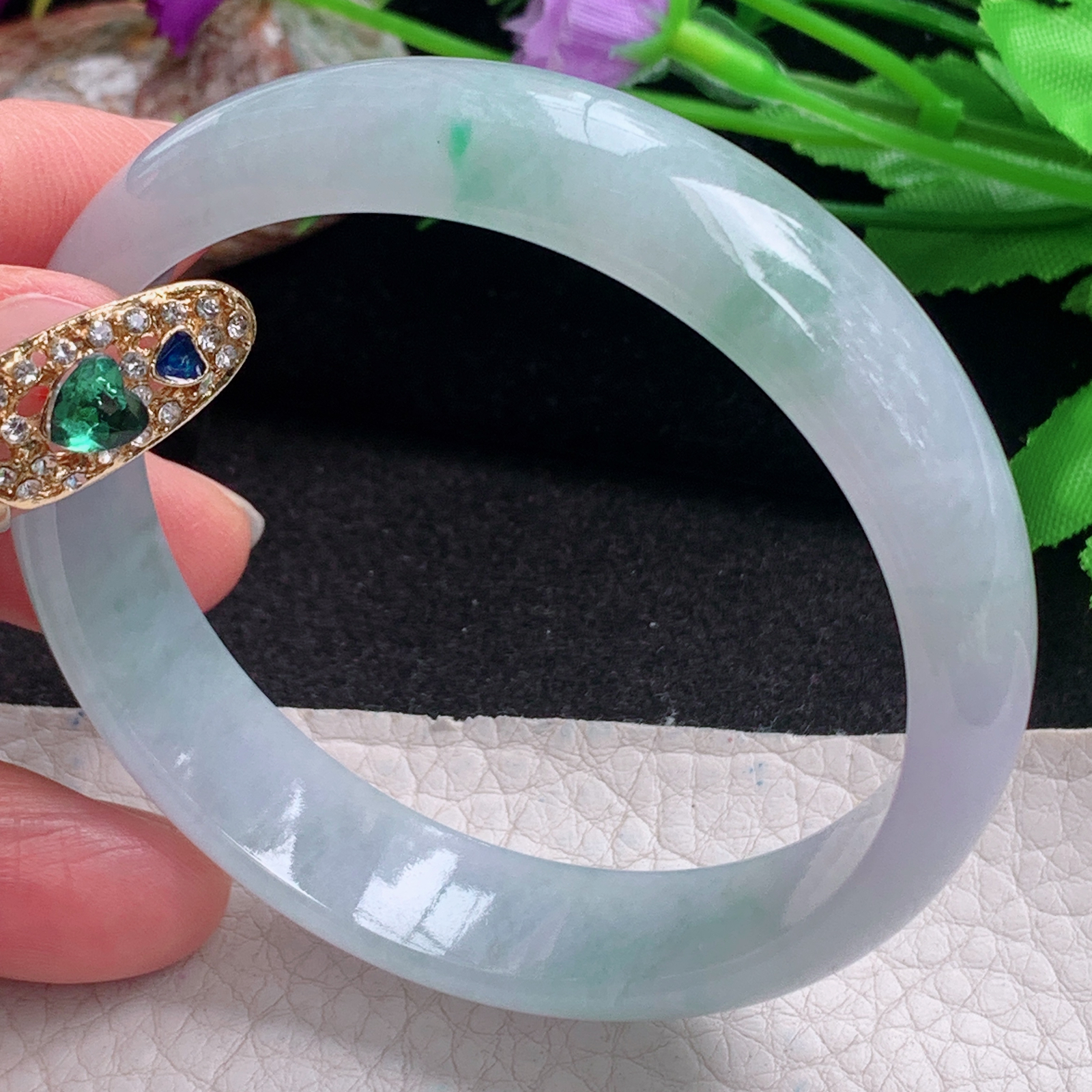 fx实拍58*14*6.5平安镯 天然缅甸翡翠a货手镯冰润飘花正圈玉镯子