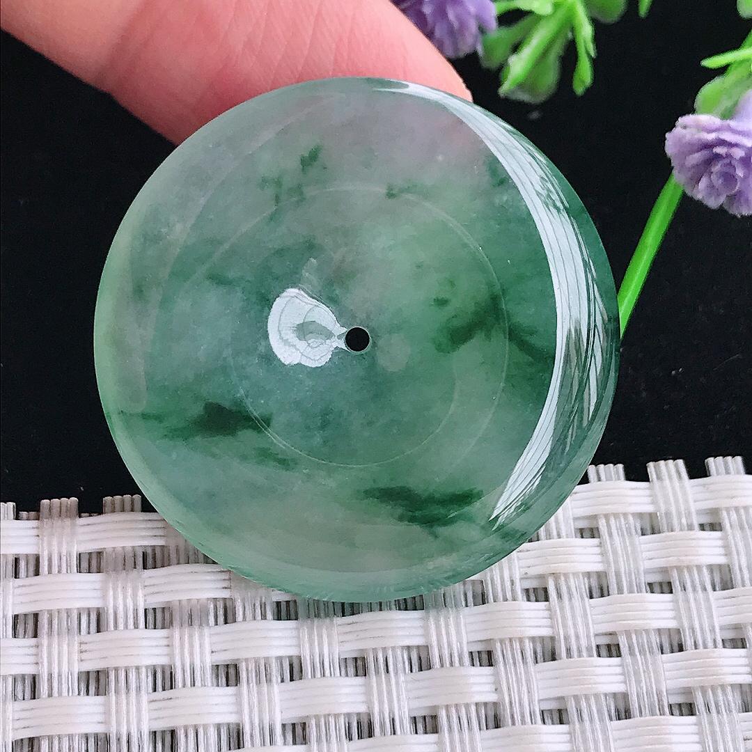 实拍A货翡翠34/5.6老坑冰种起胶冰飘花平安扣吊坠翡翠玉扣挂件