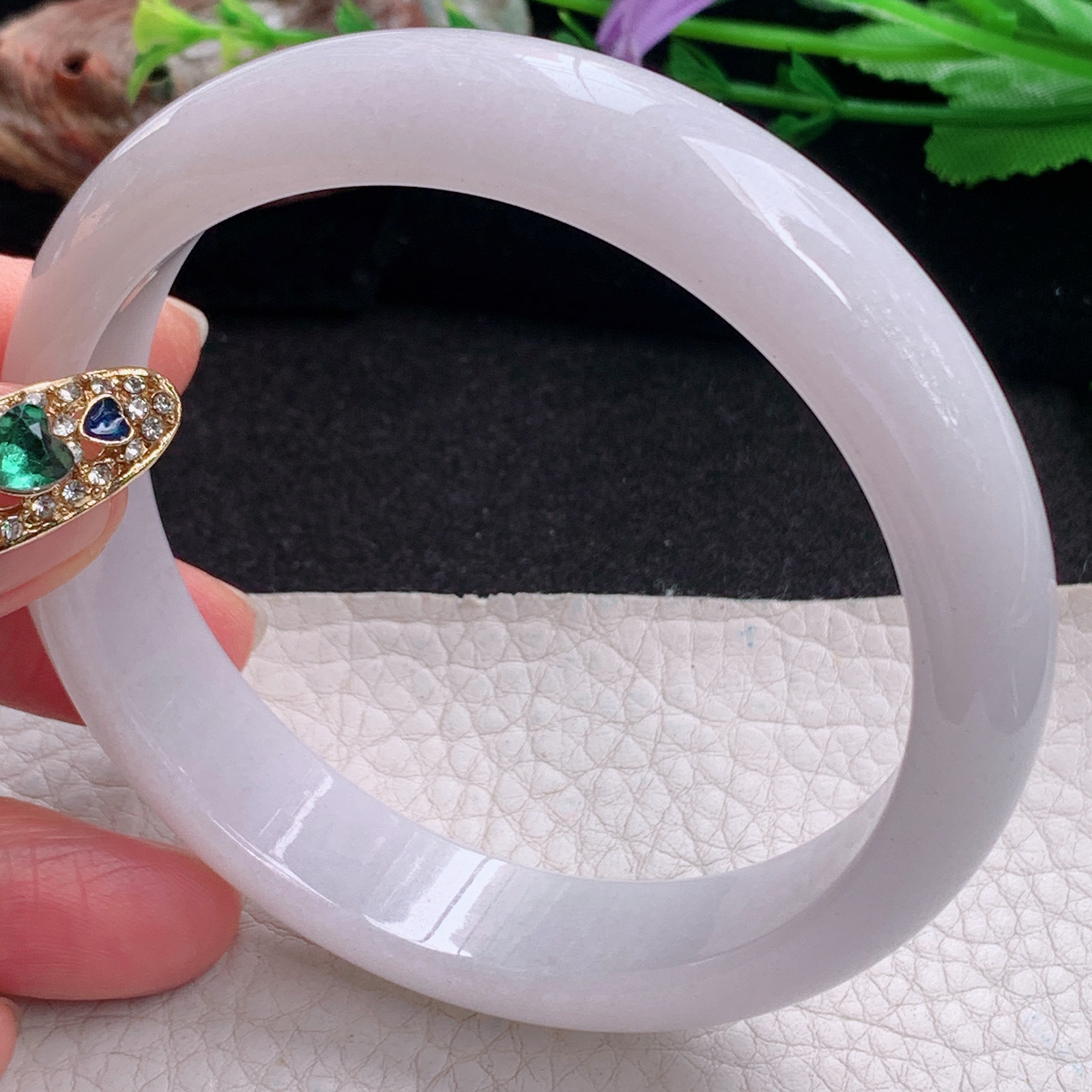 pj大圈口63*14*8平安镯 天然缅甸翡翠a货手镯淡紫水润正圈玉镯子