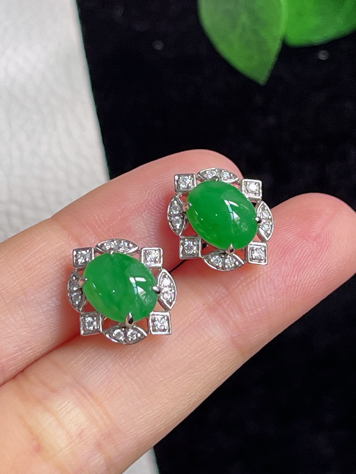 18k金翡翠冰糯满绿耳钉