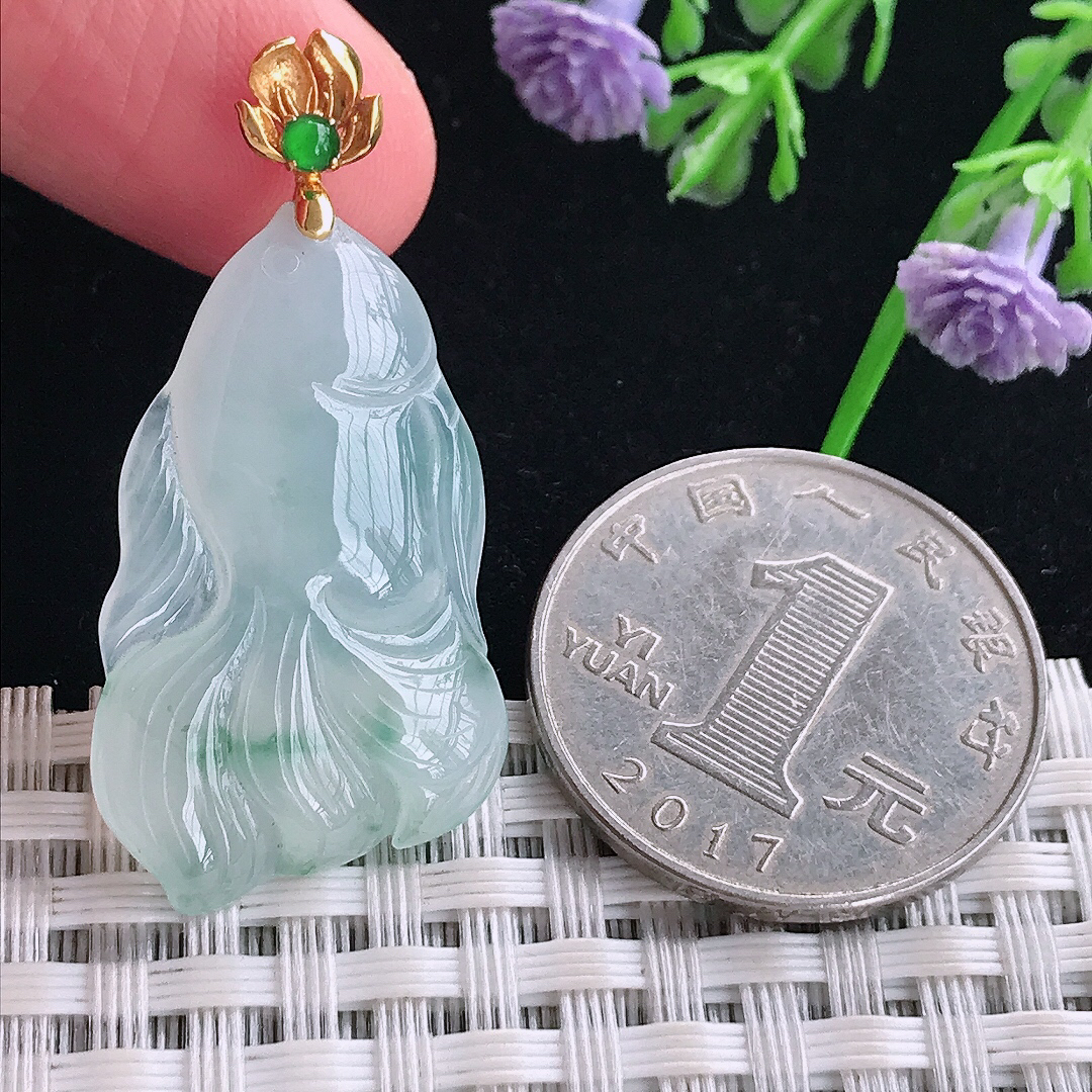 实拍A货翡翠31/19/5老坑18k金镶嵌冰胶飘花金鱼吊坠翡翠玉招财鱼挂件