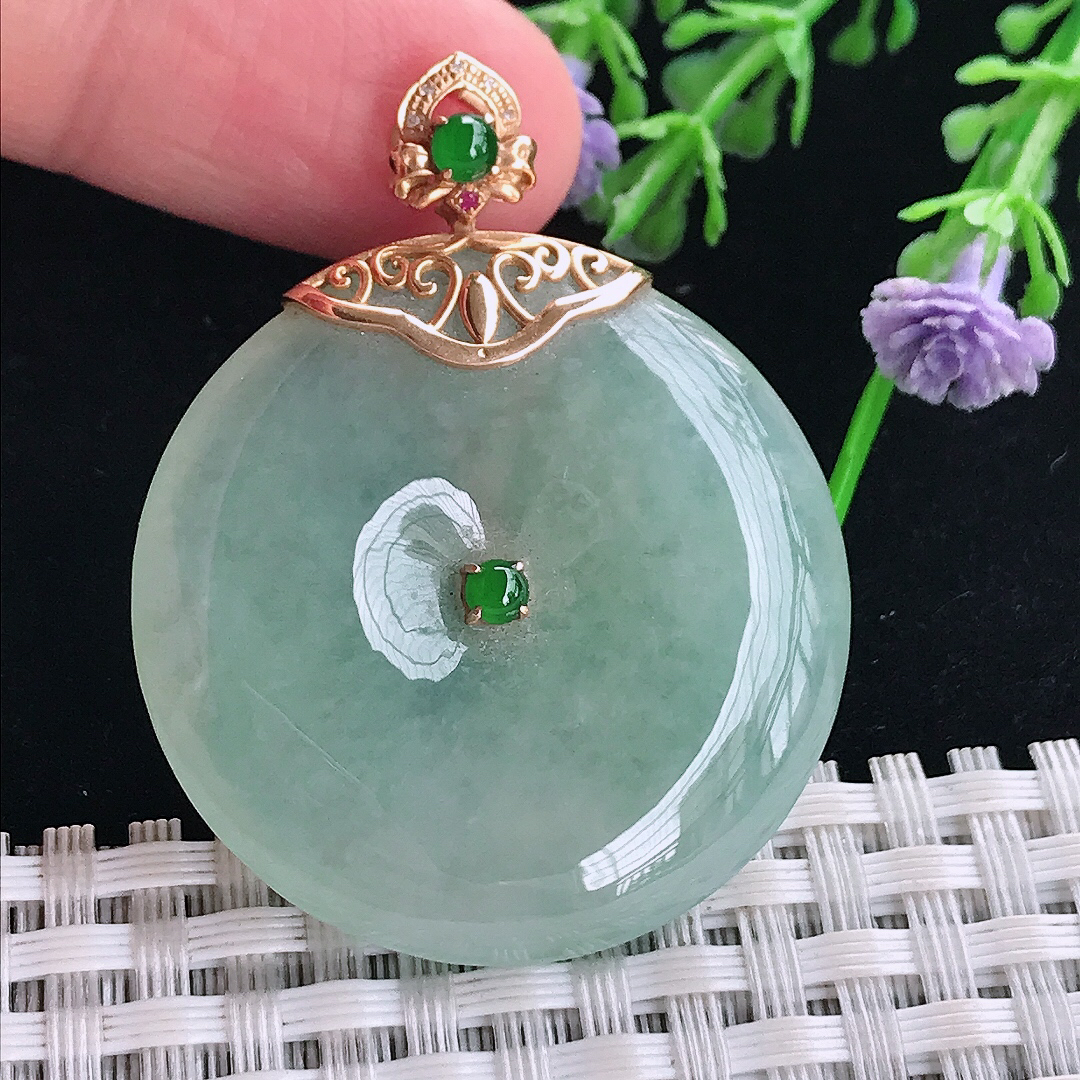 实拍A货翡翠35/6.5老坑18k金镶嵌冰晴绿平安扣吊坠翡翠玉扣挂件