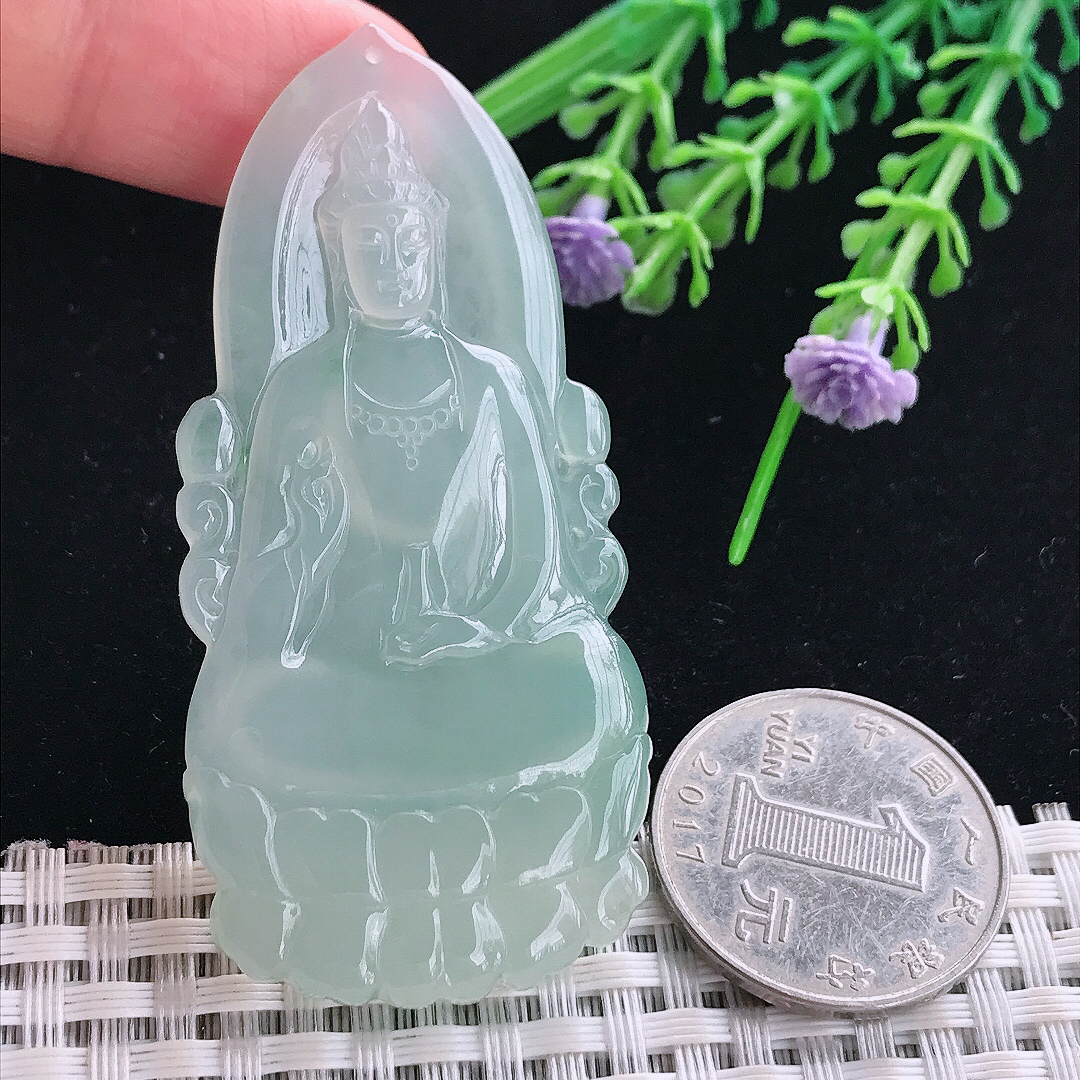 实拍A货翡翠65/30.8/5.3老坑冰胶冰晴绿素衣观音吊坠翡翠玉挂件