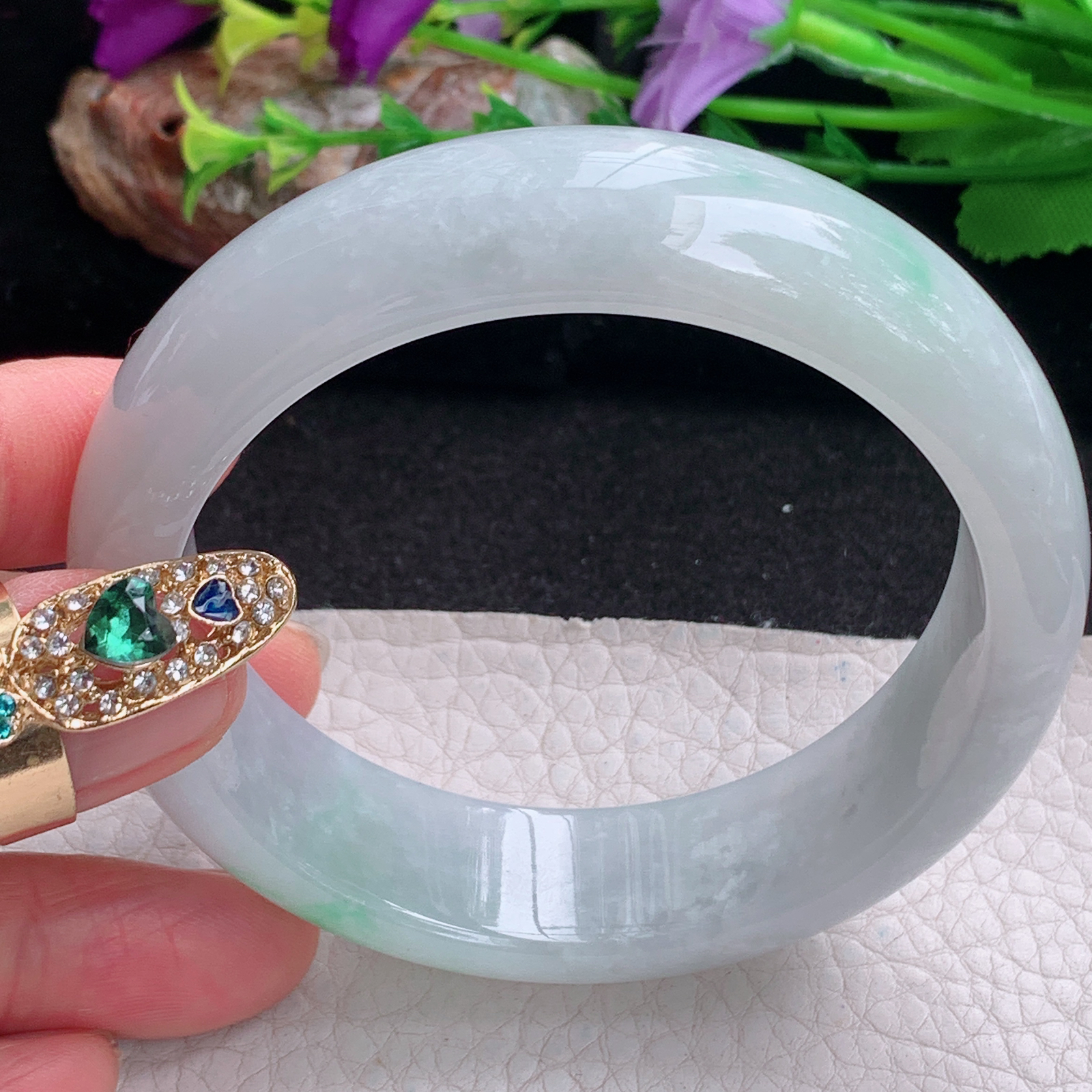 hh实拍58*17*8.5轮胎镯 天然翡翠a货手镯飘绿大气正圈玉镯子