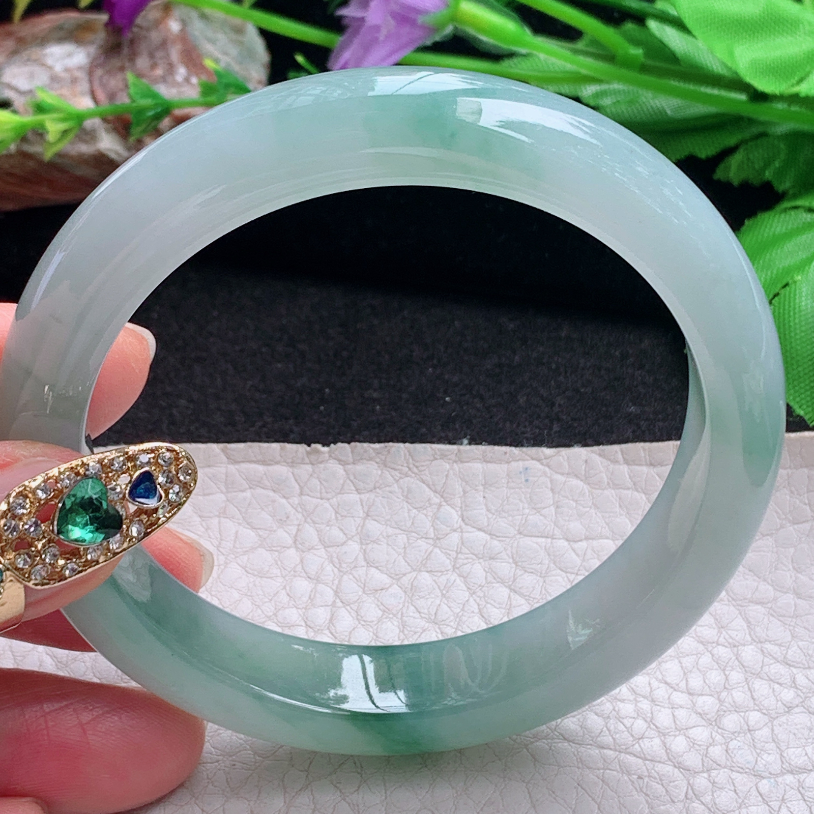 fx飘逸款58.5*12.3*8.2平安镯 天然缅甸翡翠a货手镯冰胶飘花正圈玉镯子