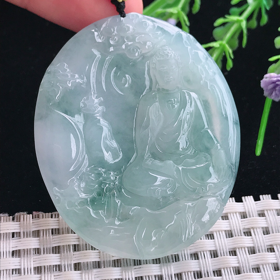 实拍A货翡翠52/44.2/5.8老坑冰胶果冻飘花阿弥陀佛吊坠翡翠玉挂件
