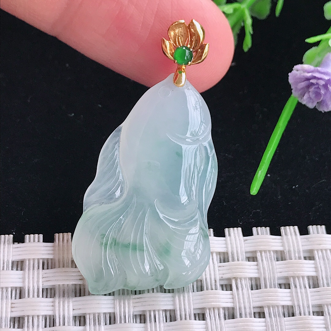 实拍A货翡翠31/19/5老坑18k金镶嵌冰胶飘花金鱼吊坠翡翠玉招财鱼挂件
