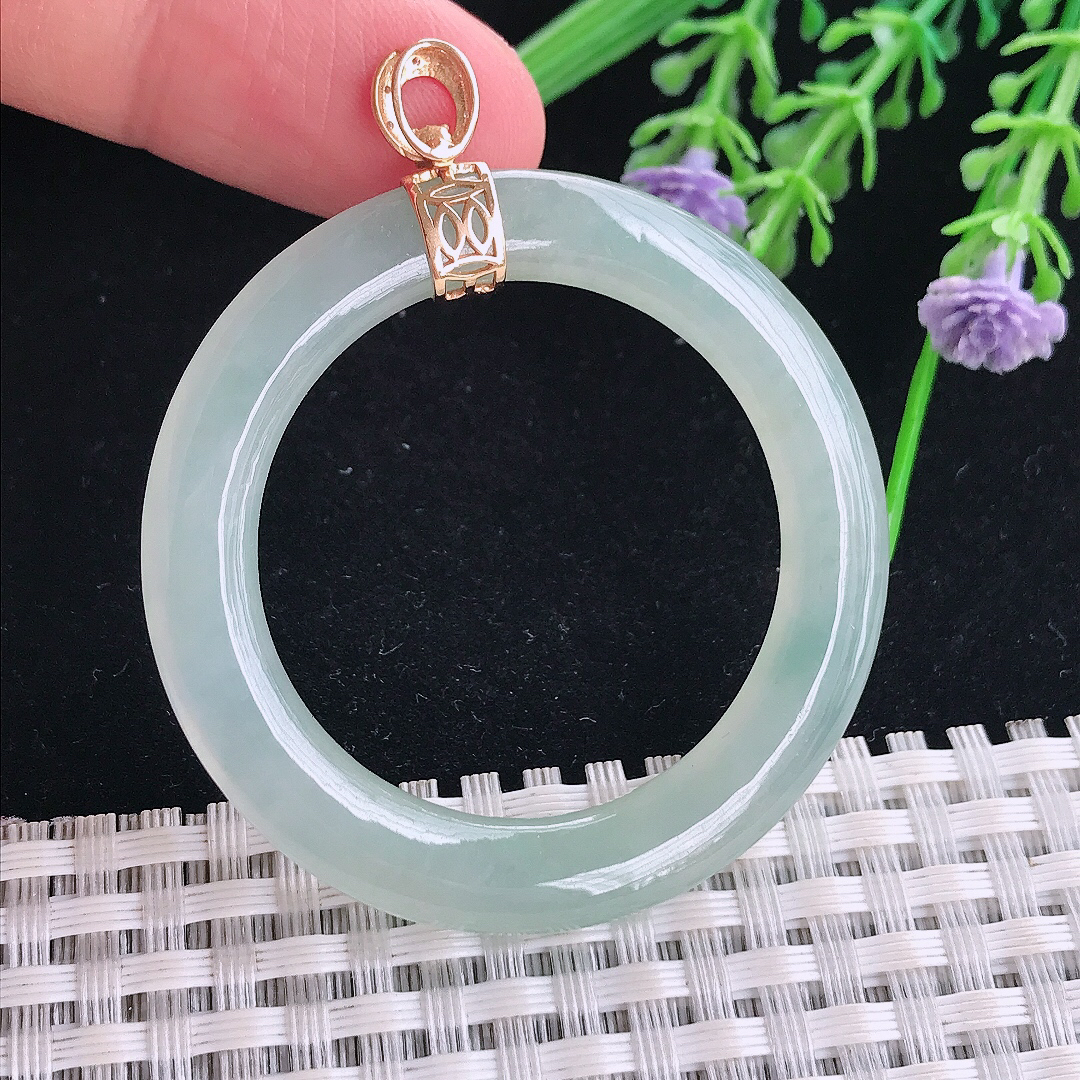 实拍A货翡翠47/4.9老坑18k金镶嵌冰晴玉环吊坠翡翠平安环挂件