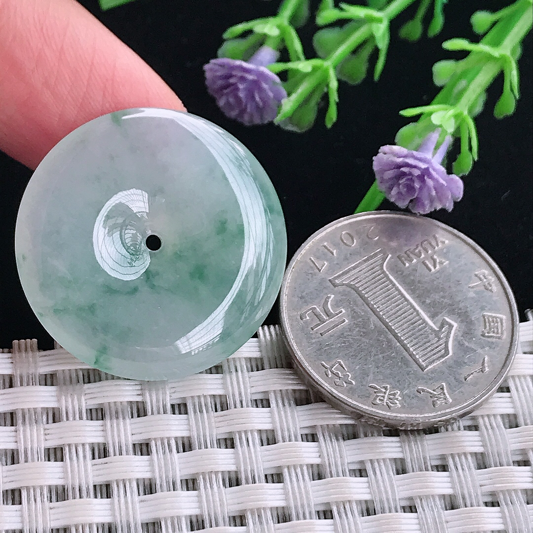 实拍A货翡翠27.2/5老坑冰胶水灵冰飘花平安扣吊坠翡翠玉扣挂件