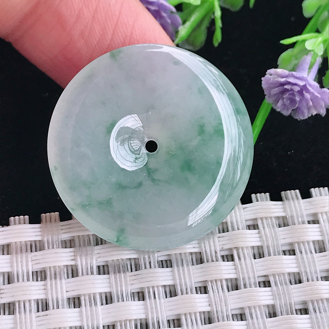 实拍A货翡翠27.2/5老坑冰胶水灵冰飘花平安扣吊坠翡翠玉扣挂件