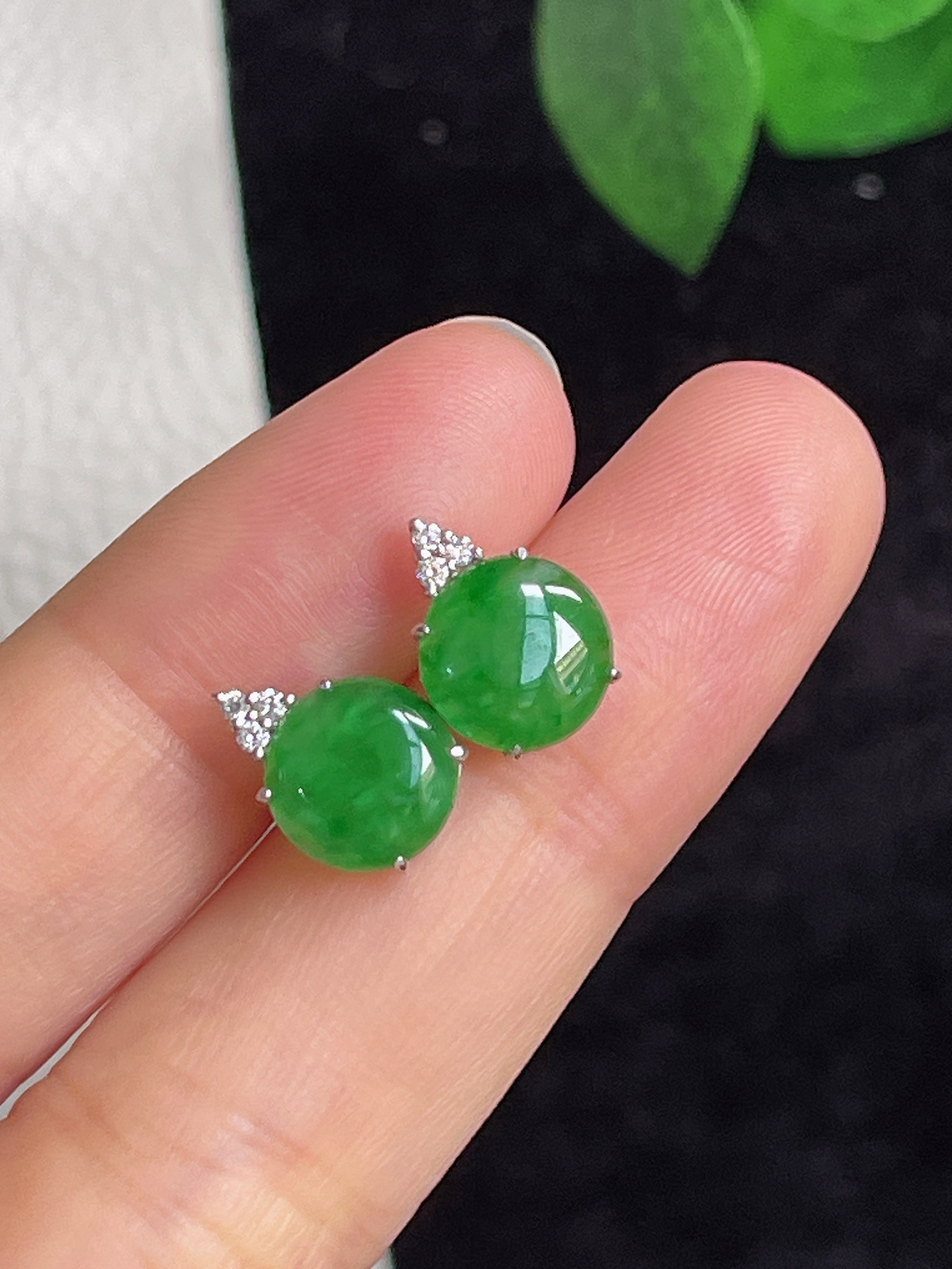 18k金翡翠冰糯满绿耳钉