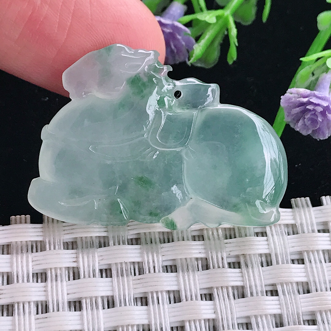 实拍A货翡翠32.8/23/5.5老坑冰种果冻胶冰飘花唐马吊坠翡翠玉挂件