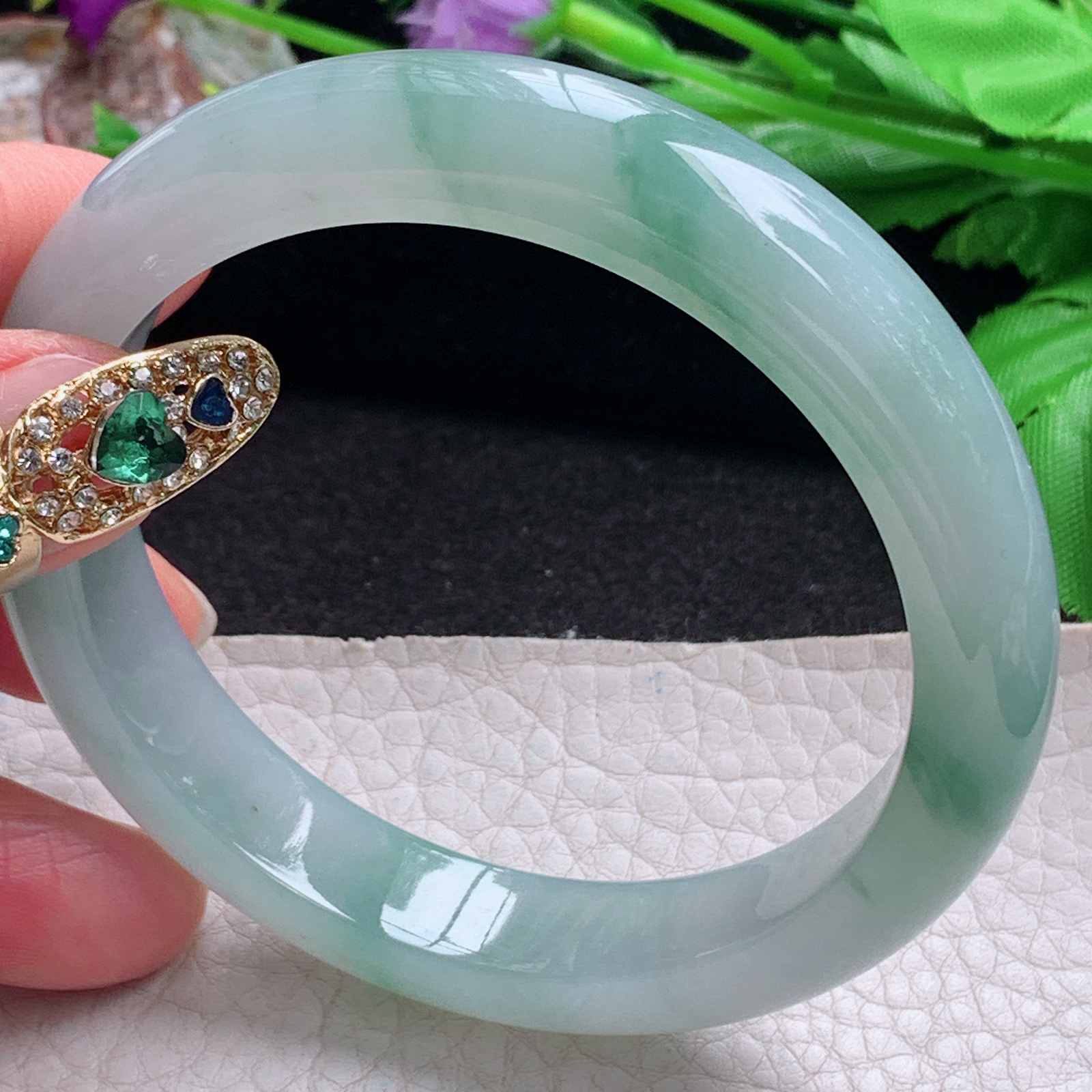 fx飘逸款58.5*12.3*8.2平安镯 天然缅甸翡翠a货手镯冰胶飘花正圈玉镯子