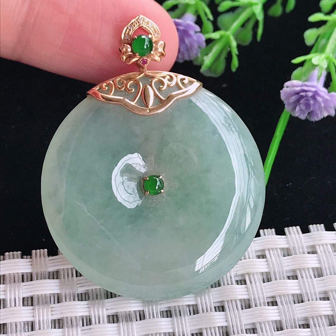 实拍A货翡翠35/6.5老坑18k金镶嵌冰晴绿平安扣吊坠翡翠玉扣挂件