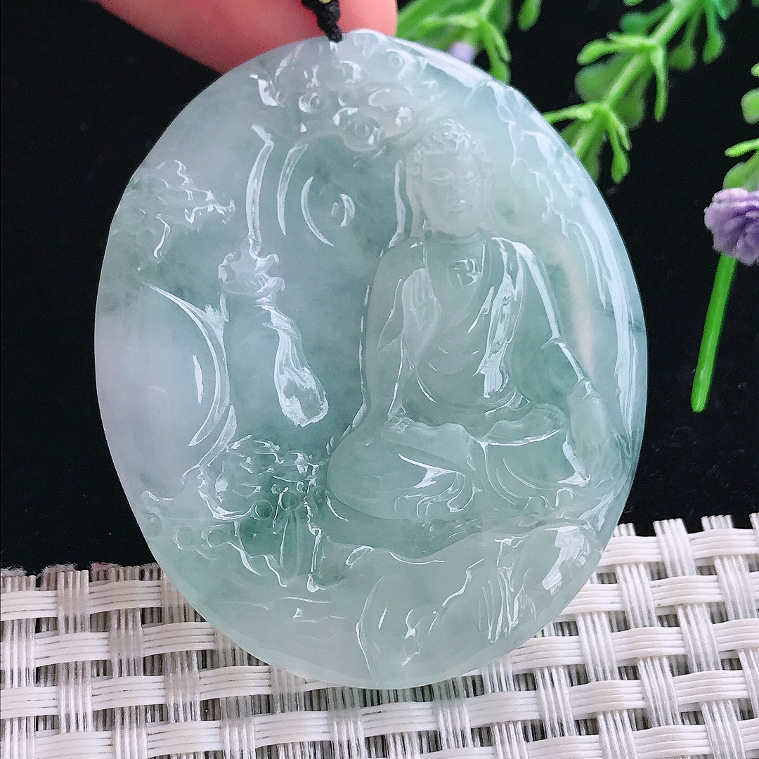 实拍A货翡翠52/44.2/5.8老坑冰胶果冻飘花阿弥陀佛吊坠翡翠玉挂件