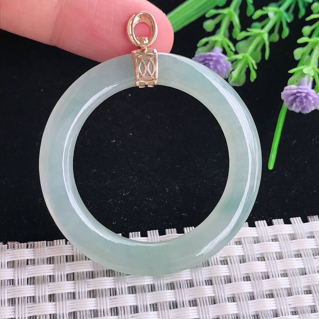 实拍A货翡翠47/4.9老坑18k金镶嵌冰晴玉环吊坠翡翠平安环挂件