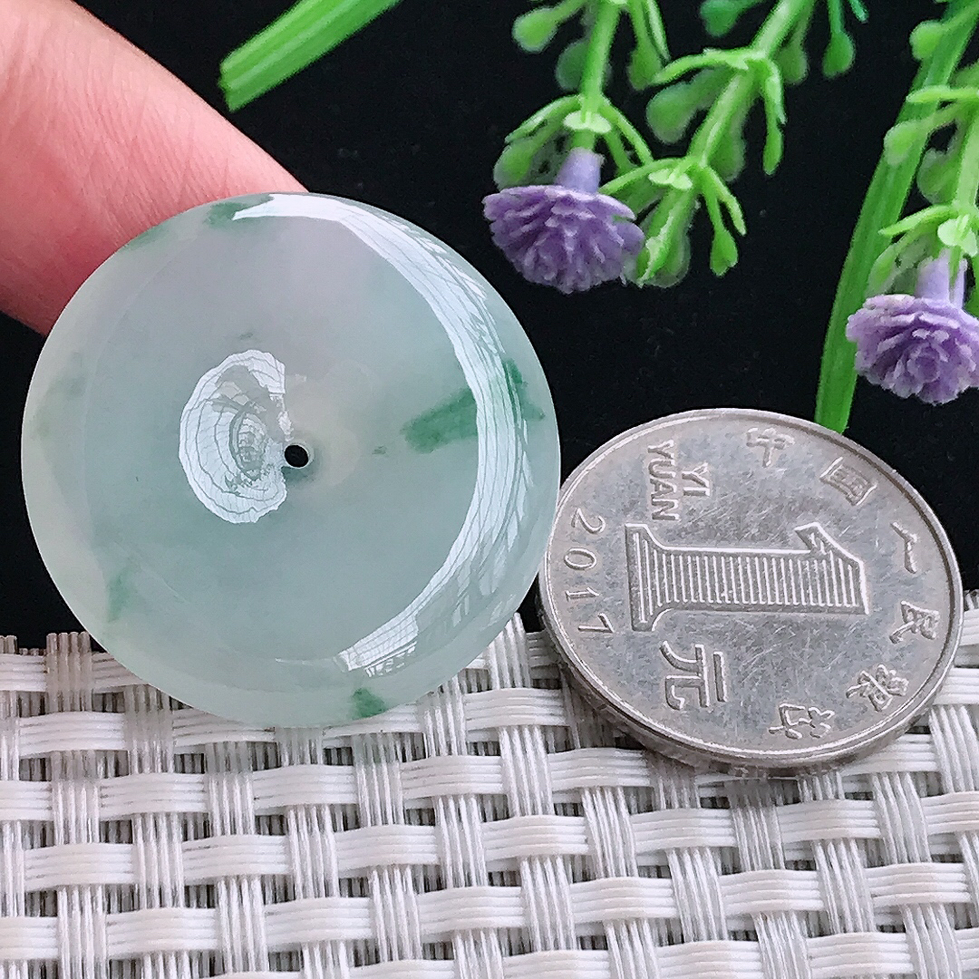 实拍A货翡翠30.3/6.1老坑冰胶果冻冰飘花平安扣吊坠翡翠玉挂件