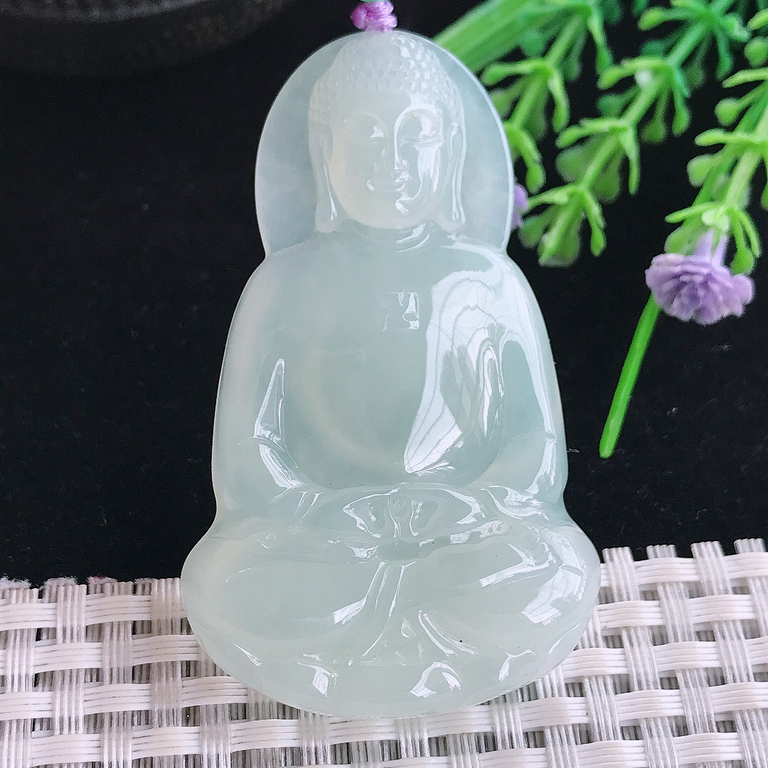 实拍A货翡翠58.5/36/5.8老坑冰纯起胶冰晴大日如来佛祖吊坠翡翠玉挂件