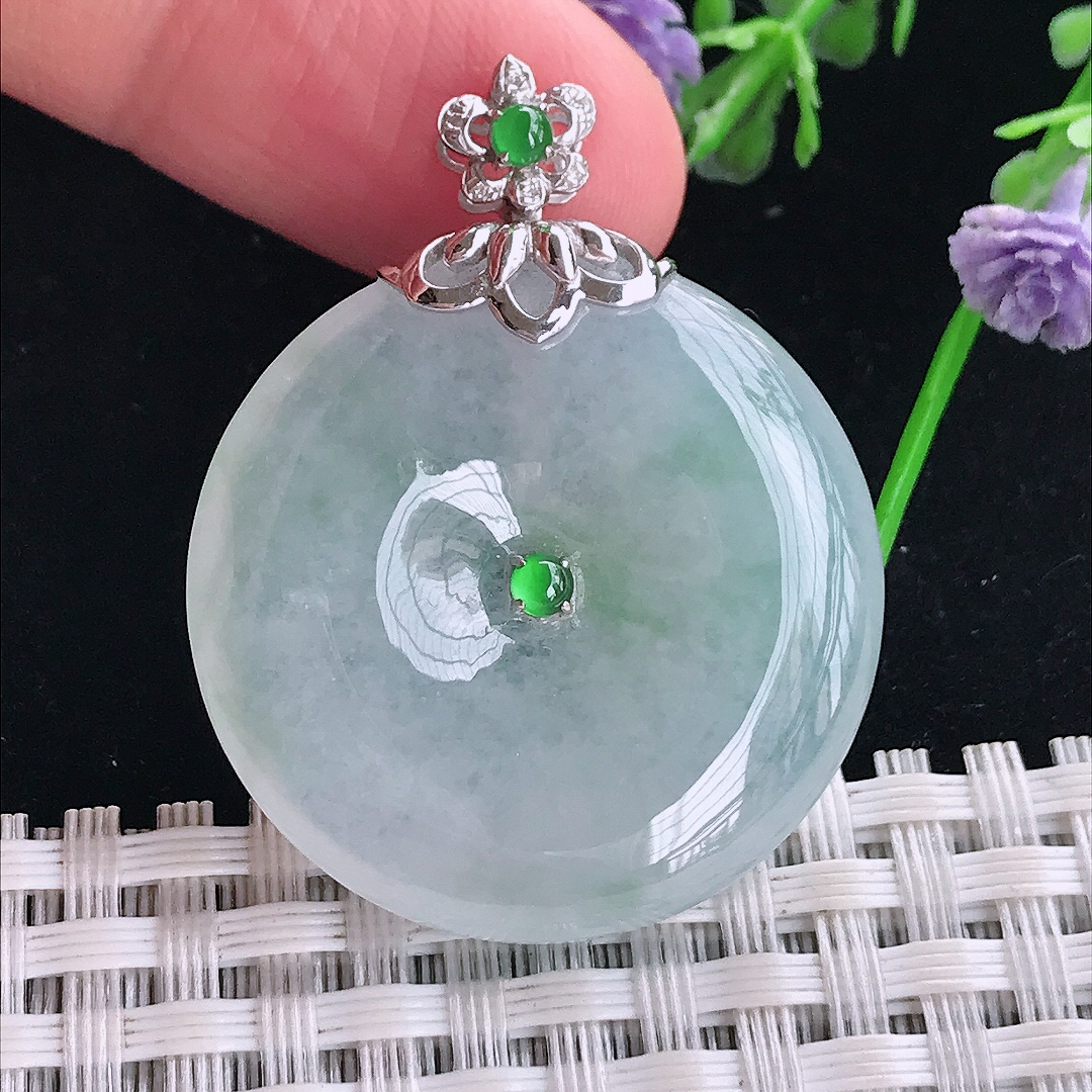 实拍A货翡翠30.8/6老坑18k金镶嵌冰飘花平安扣吊坠翡翠玉扣挂件