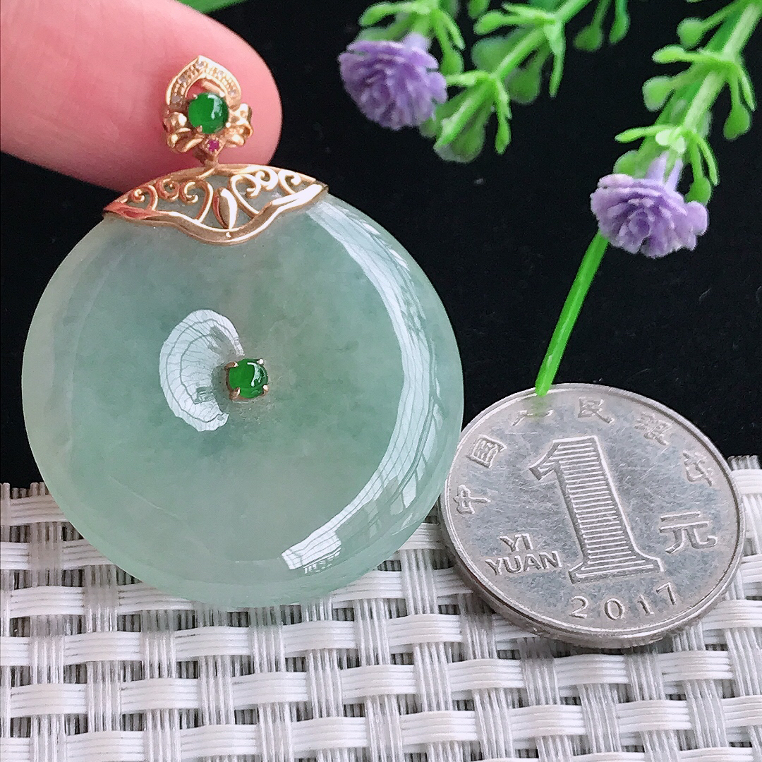 实拍A货翡翠35/6.5老坑18k金镶嵌冰晴绿平安扣吊坠翡翠玉扣挂件