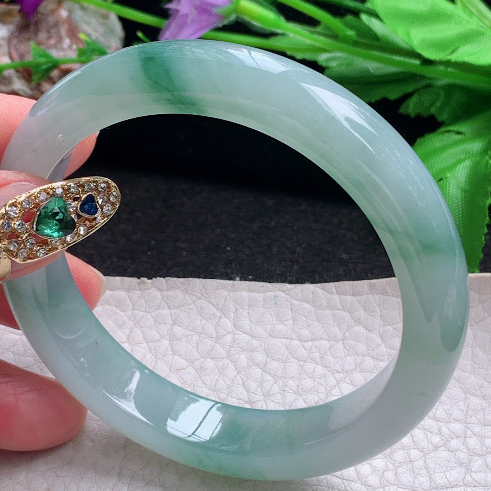 fx飘逸款58.5*12.3*8.2平安镯 天然缅甸翡翠a货手镯冰胶飘花正圈玉镯子